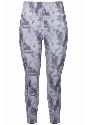 Graue Sportleggings mit einem Marmor-Muster, hoher Taille, knöchellang, aus dehnbarem Stoff mit kontrastierenden Nähten, die an den Seiten verlaufen.