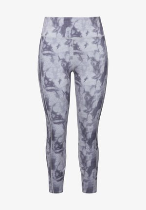 Grå træningsleggins med marmor mønster, høj talje, ankellængde, lavet af strækbart stof med kontrasterende sømme der løber ned ad siderne.