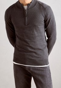 Maglione grigio con zip in tessuto morbido, caratterizzato da un colletto alto, polsini e orlo a costine. Indossato sopra una maglietta bianca, abbinato a jeans grigi.