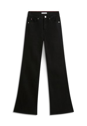 Jean noir à jambes larges avec fermeture par bouton et zip, poches avant et arrière, et passants pour ceinture, posé à plat sur un fond blanc.