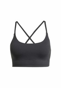 Bralette negra con ribetes y tirantes ajustables en forma de cruz. Fabricado en un tejido elástico, cuenta con una banda inferior ancha para mayor soporte.