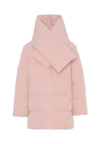 Doudoune rose douce avec un col montant, fermeture éclair à l'avant et poches latérales. Le tissu a une texture lisse et légèrement brillante.