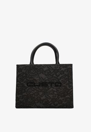 Black rectangular handbag with floral lace texture, rounded handles, and "CUSTO" logo embossed on the front.