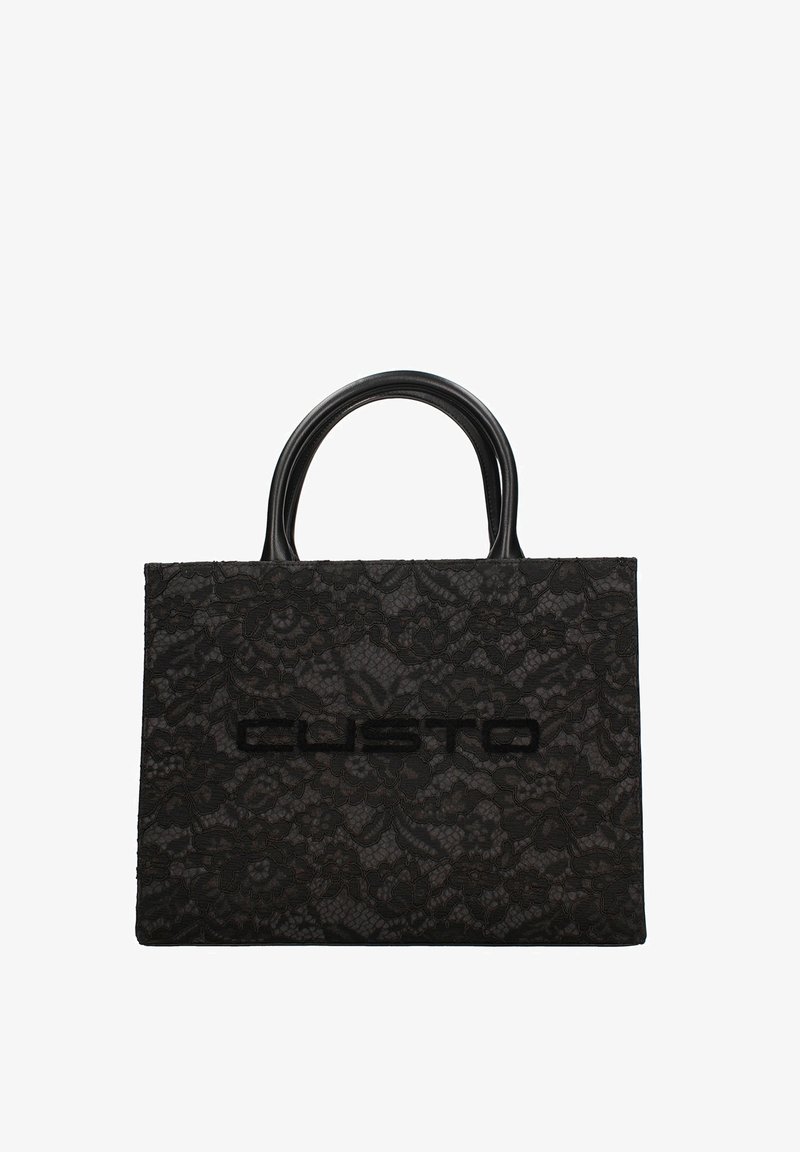 Borsa a mano nera rettangolare con texture in pizzo floreale, manici arrotondati e logo "CUSTO" impresso sul davanti.