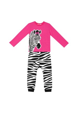 Børneoutfit med lyserød langærmet bluse med zebra-motiv og sort-hvide zebra-stribede leggings.
