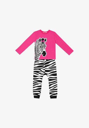 Børneoutfit med lyserød langærmet bluse med zebra-motiv og sort-hvide zebra-stribede leggings.