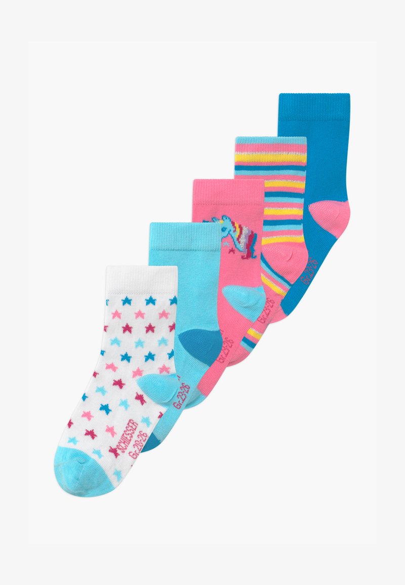 Fünferpack Socken in verschiedenen Farben: weiß mit Sternen, hellblau, rosa mit einem Einhorn, gestreift in rosa und blau, einfarbig blau. Material aus Baumwollmischung.
