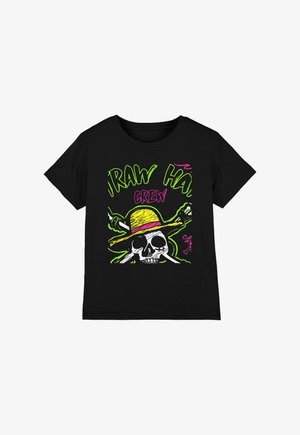 Black T-shirt with neon green and pink text "Straw Hat Crew" featuring a white skull wearing a yellow hat with crossed swords behind it.