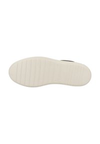 Rubber shoe sole in off-white with textured grooves and branding details, featuring a rounded toe and minimalistic design.