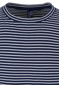 Navy blue and white striped t-shirt featuring a crew neckline and soft cotton fabric. The stripes are evenly spaced with a smooth texture.