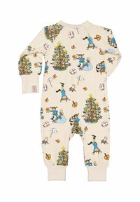 Kreminvärinen potkupuku, jossa on värikkäitä sarjakuvamalleja lapsista, eläimistä ja koristellusta joulupuusta. Materiaali on pehmeä ja ribatut hihansuut.