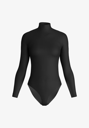 Schwarzer Bodysuit mit langen Ärmeln und hohem Kragen, mit Druckknöpfen im Schritt, vor weißem Hintergrund dargestellt.