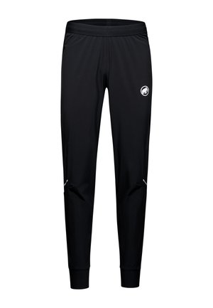 Black athletic pants made of smooth, lightweight fabric. Features a stretchy waistband, side pockets, and reflective accents. Logo on the thigh.