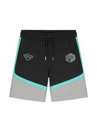 Zwarte shorts met een trekkoord in de taille, voorzien van teal accenten, grijze zijpanelen en verhoogde logo's in grijs en turquoise.