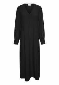 Vestido negro con escote en V, mangas largas abullonadas y corte suelto. Fabricado en una tela suave y ligera con un diseño de largo hasta la rodilla.