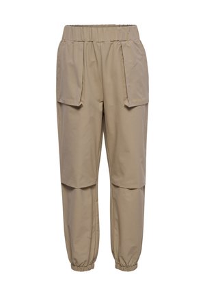 Beige bukser med elastisk talje, store frontlommer med klap og elastiske manchetter, designet til en afslappet pasform og afslappet brug.