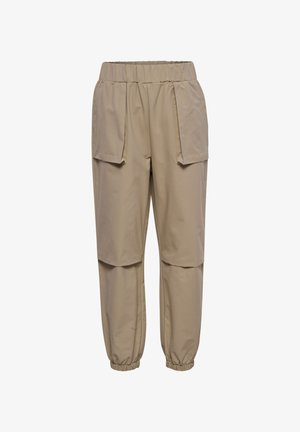 Beige Hosen mit elastischem Bund, großen vorderen Klappentaschen und elastischen Bündchen, entworfen für eine lockere Passform und legere Trageweise.