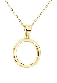 Gyllene cirkulär hänge på en fin kedja. Har en slät, glänsande yta med en enkel, öppen design och ett säkert fäste.