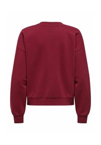 Burgundy sweatshirt featuring a ribbed crew neck, long sleeves, and a cropped design with ribbed cuffs and hem. Smooth texture, no patterns.