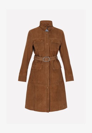 Brun ruskinds trench coat med høj krave, knaplukning, bælte i taljen og to forlommer. Har en glat tekstur og skræddersyet pasform.