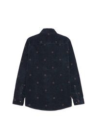 Camicia in corda blu navy con maniche lunghe, caratterizzata da un delicato motivo di piccoli cerchi e polsi impuntati. Colletto classico con orlo dritto.