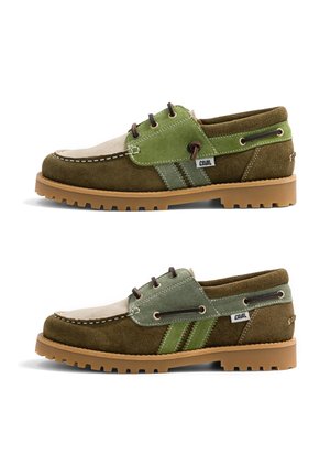 Two pairs of suede boat shoes in brown, beige, and green with tan rubber soles and CAVAL brand tags on the side.