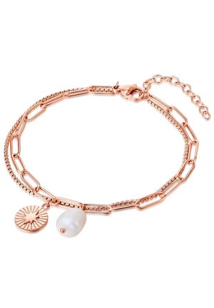 Rose gold bracelet with paperclip chain design, featuring a textured circular charm and a smooth pearl accent. Lobster clasp closure.