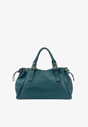 Sac à main en cuir bleu sarcelle avec deux poignées supérieures, finition texturée, cordons latéraux et accents métalliques dorés. Forme rectangulaire.