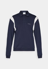 Marineblå langermet polo-skjorte med hvite aksentpaneler, en klassisk krage, to knapper og brodert merkevare på brystet. Myk bomullsblanding.