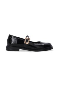 Black patent leather Mary Jane shoe with a rounded toe, flat outsole, and a decorative buckle accent on the strap.