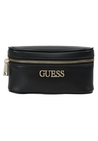 Černá syntetická kosmetická taška se zipovým uzávěrem, zlatými detaily a vystouplým logem "GUESS" na přední straně. Zaoblený tvar s hladkým povrchem.