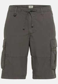 Cargo-Shorts aus dunkelgrauem Stoff, mit einem Kordelzugbund, mehreren Seitentaschen und einer leichten, strukturierten Oberfläche.