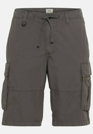 Cargo shorts in dark gray fabric, featuring a drawstring waistband, multiple side pockets, and a lightweight, textured surface.