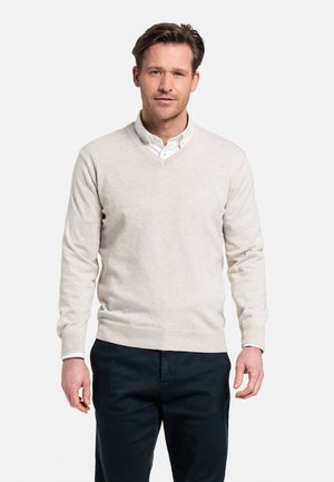 Un pull-over en v beige en tissu tricoté, doté de poignet et d'ourlet côtelés, superposé sur une chemise blanche à col.