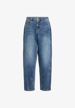 Blauwe high-waist rechte spijkerbroek met voorzakken, knoopsluiting en zichtbare stiksel details op een witte achtergrond.