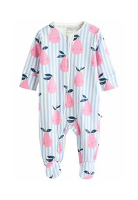 Jalatsitega ühes tükis riietus, mis on valmistatud pehmest kangast, millel on helesinine ja valge triibuline muster koos roosa pirni illustratsioonide ja tumeroheliste lehtedega.