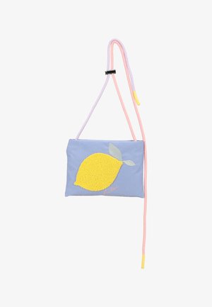 Lavender rectangular crossbody bag with textured yellow lemon and green leaves design, featuring pink and lavender adjustable straps with yellow tips.