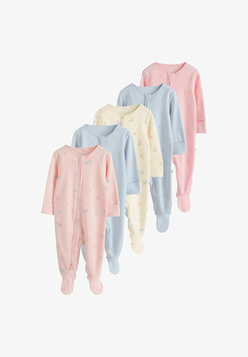 Cinq grenouillères pour bébé en rose, bleu et jaune, en coton doux, à manches longues, avec pieds intégrés et imprimés d'animaux ludiques.