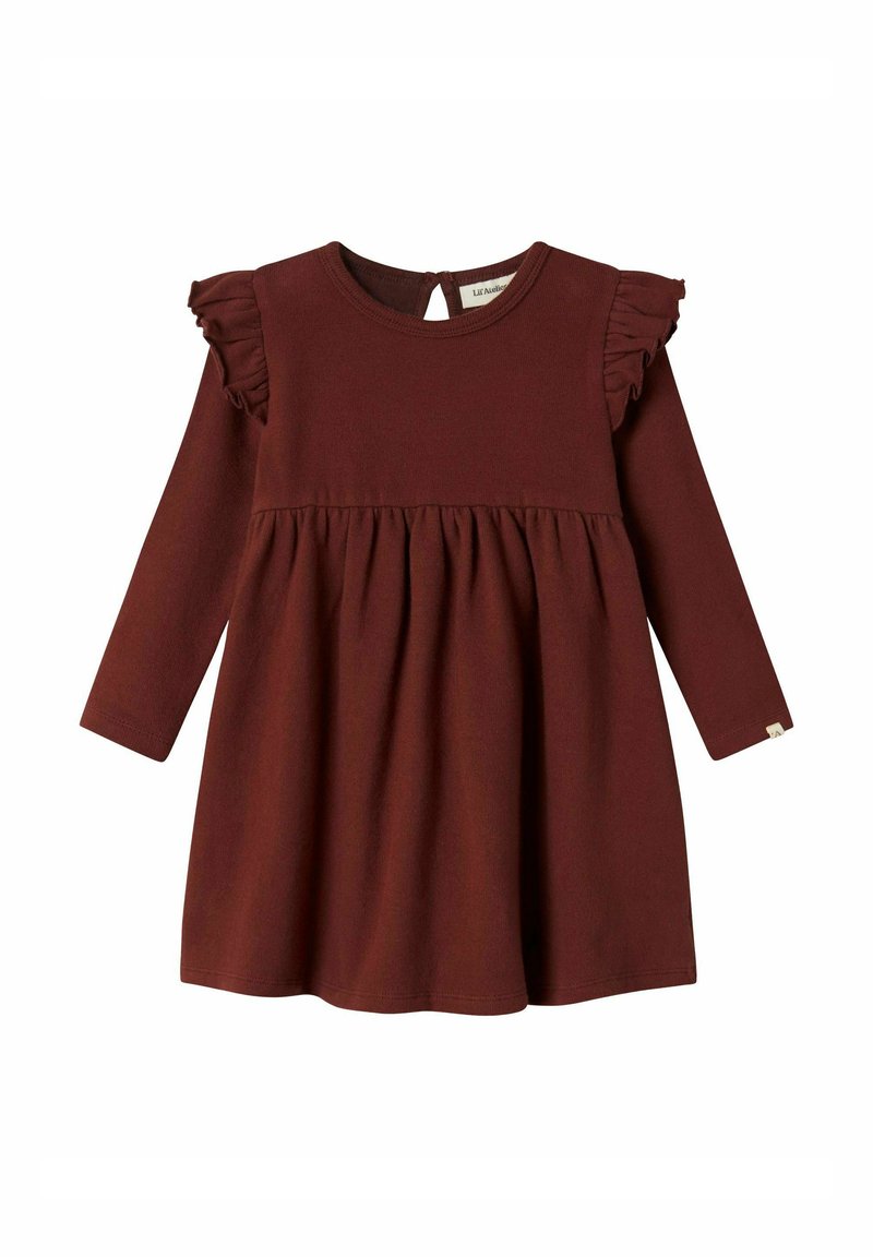 Bordeaux långärmad klänning med volangaxlar, rynkad midja och knäppning bak. Mjuk, jersey utanpå, enkel design.