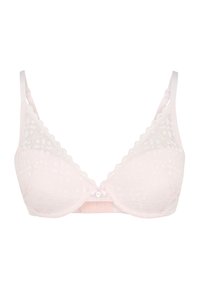 Spitzen-Bralette in sanftem Pink mit gewelltem Saum, Unterdraht und dekorativem Frontverschluss. Glattes Material mit floralen Mustern.