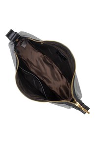 Gray leather bag with a zip closure, showcasing a smooth exterior and a brown interior lined with branding. Features gold hardware accents.
