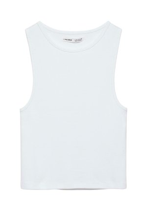 Crop top blanc sans manches avec col rond, en tissu lisse, étiqueté Pull&Bear, adapté pour un usage décontracté.