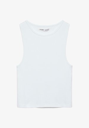 Crop top blanc sans manches avec col rond, en tissu lisse, étiqueté Pull&Bear, adapté pour un usage décontracté.
