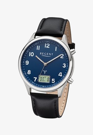 Men's wristwatch with blue dial, silver case, black leather strap, analog hands, and a small digital display showing date "01. 8".
