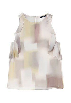 Blusa de mujer sin mangas con estampado abstracto en beige, crema y marrón claro, con cortes en los hombros con volantes y escote redondo.