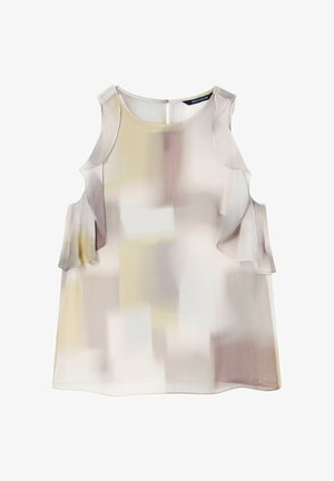 Mouwloze damesblouse met abstract patroon in beige, crème en lichtbruin, met gerimpelde cold-shoulder uitsparingen en een ronde halslijn.