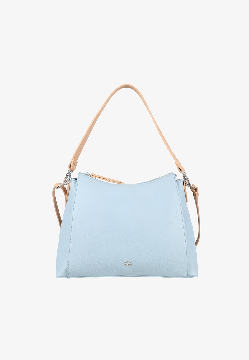 Sac à main en cuir bleu clair avec une forme structurée, une bandoulière beige et des accents métalliques argentés. Fermeture zippée en haut.