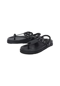 Sorte sandaler med en struktureret gummisål, design med thong-rem, flettet hældetalje og runde detaljer ved fodsengen.