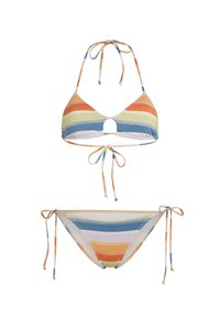 Gestreept bikini set met een driehoektop met een uitsnijding in de vorm van een sleutelgat, brede strikjes en bijpassende low-rise onderbroek. Kleuren zijn oranje, groen en blauw.