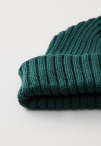 Bonnet en tricot vert avec une texture côtelée, replié au bord pour plus de chaleur et fabriqué dans un matériau épais et doux.